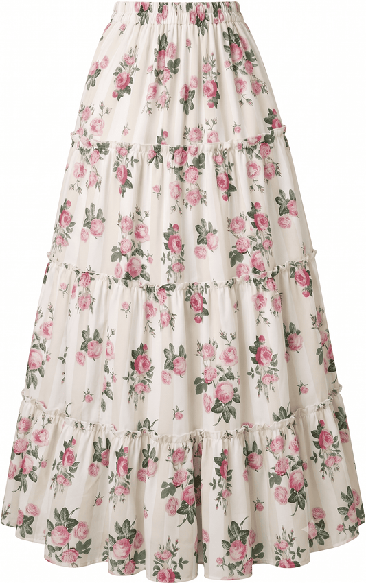 Women's Pink Floral Rose Printed Long Skirt - Belancci