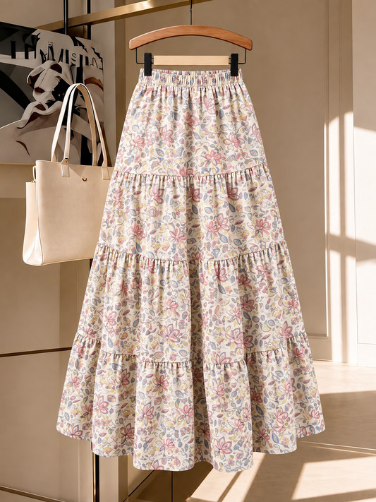 Belancci Women Floral Maxi Skirt - Printed Tiered Long Flowy Skirt With Elastic Waist - Multicolor Casual Summer Skirt For Women