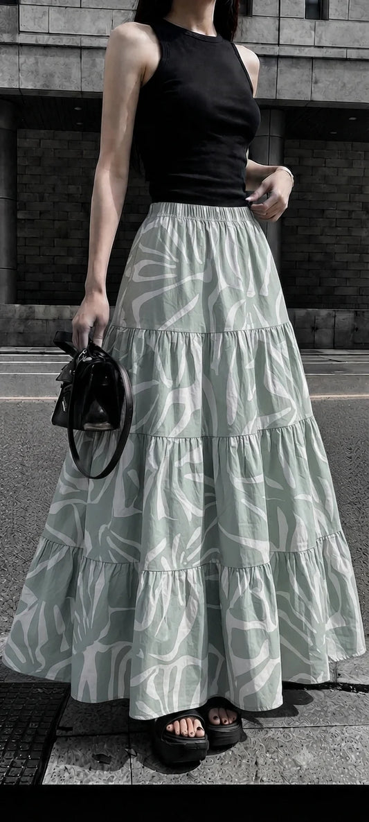 Women's Sage Green Abstract Printed Flowy Tiered Skirt - Belancci