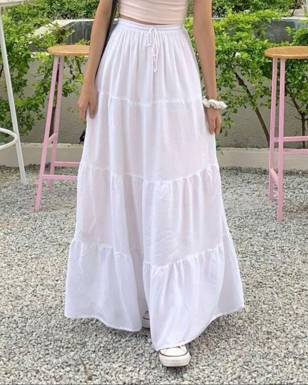 Girls White Maxi Skirt – High Waist Elastic Long Skirt – Casual Tiered Flowy Skirt for Girls – Modest Wear Summer & Daily Wear Pakistan