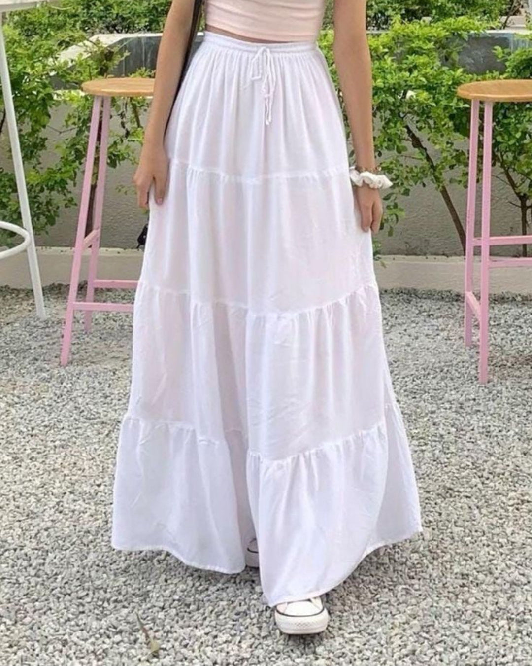 Girls White Maxi Skirt – High Waist Elastic Long Skirt – Casual Tiered Flowy Skirt for Girls – Modest Wear Summer & Daily Wear Pakistan