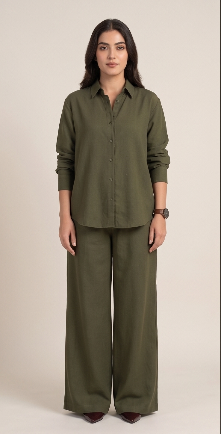 Premium Women’s 2-Piece Linen Co-ord Set - Oversized Button-Down Shirt & Wide Leg Trousers - Elegant Monochromatic Matching Set - Trendy Modest Streetwear Suit