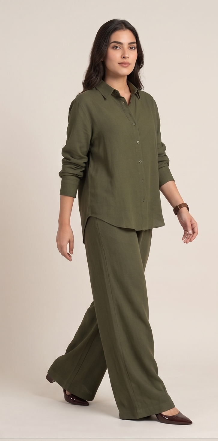 Premium Women’s 2-Piece Linen Co-ord Set - Oversized Button-Down Shirt & Wide Leg Trousers - Elegant Monochromatic Matching Set - Trendy Modest Streetwear Suit