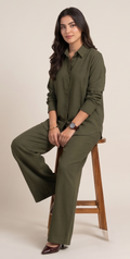 Premium Women’s 2-Piece Linen Co-ord Set - Oversized Button-Down Shirt & Wide Leg Trousers - Elegant Monochromatic Matching Set - Trendy Modest Streetwear Suit