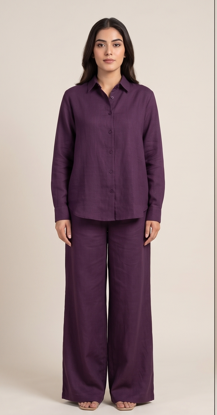 Premium Women’s 2-Piece Linen Co-ord Set - Oversized Button-Down Shirt & Wide Leg Trousers - Elegant Monochromatic Matching Set - Trendy Modest Streetwear Suit