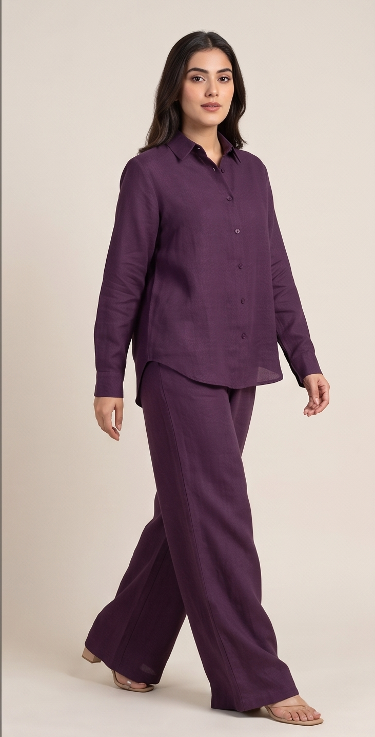 Premium Women’s 2-Piece Linen Co-ord Set - Oversized Button-Down Shirt & Wide Leg Trousers - Elegant Monochromatic Matching Set - Trendy Modest Streetwear Suit