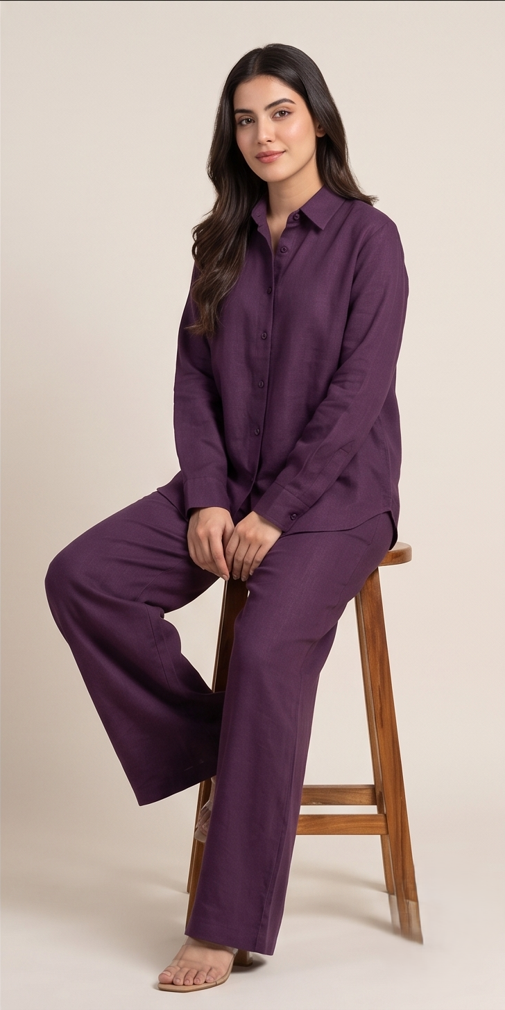 Premium Women’s 2-Piece Linen Co-ord Set - Oversized Button-Down Shirt & Wide Leg Trousers - Elegant Monochromatic Matching Set - Trendy Modest Streetwear Suit