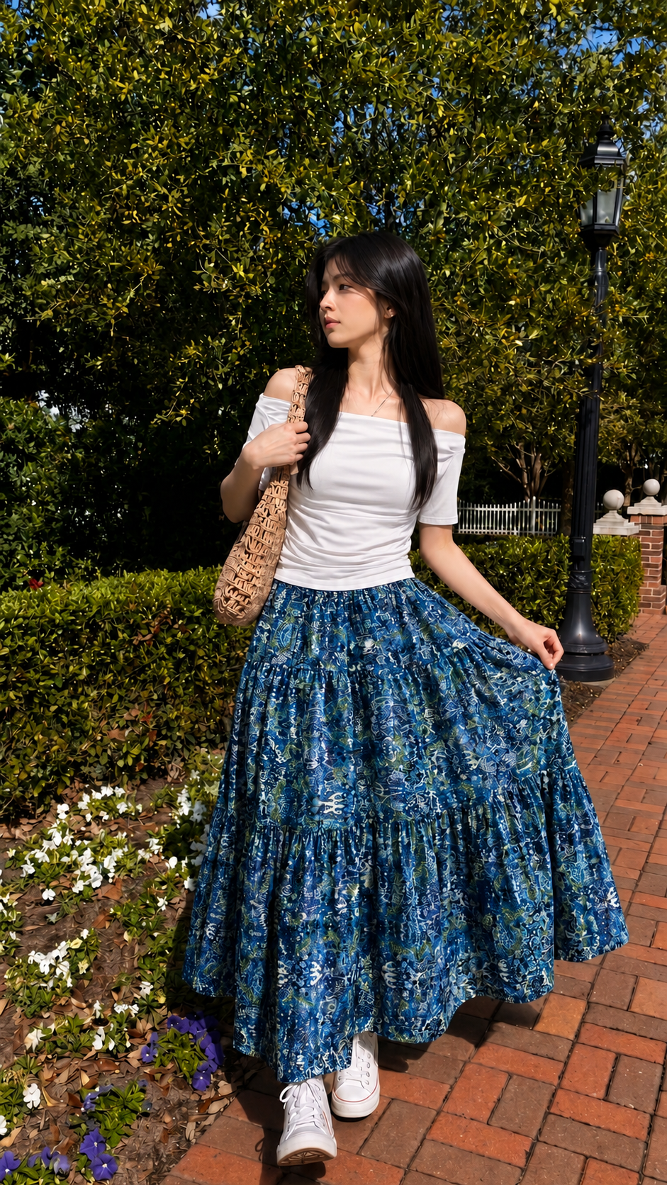 Belancci Women Printed Maxi Skirt - Blue Patterned Tiered Long Flowy Skirt With Elastic Waist - Casual Summer Skirt For Women