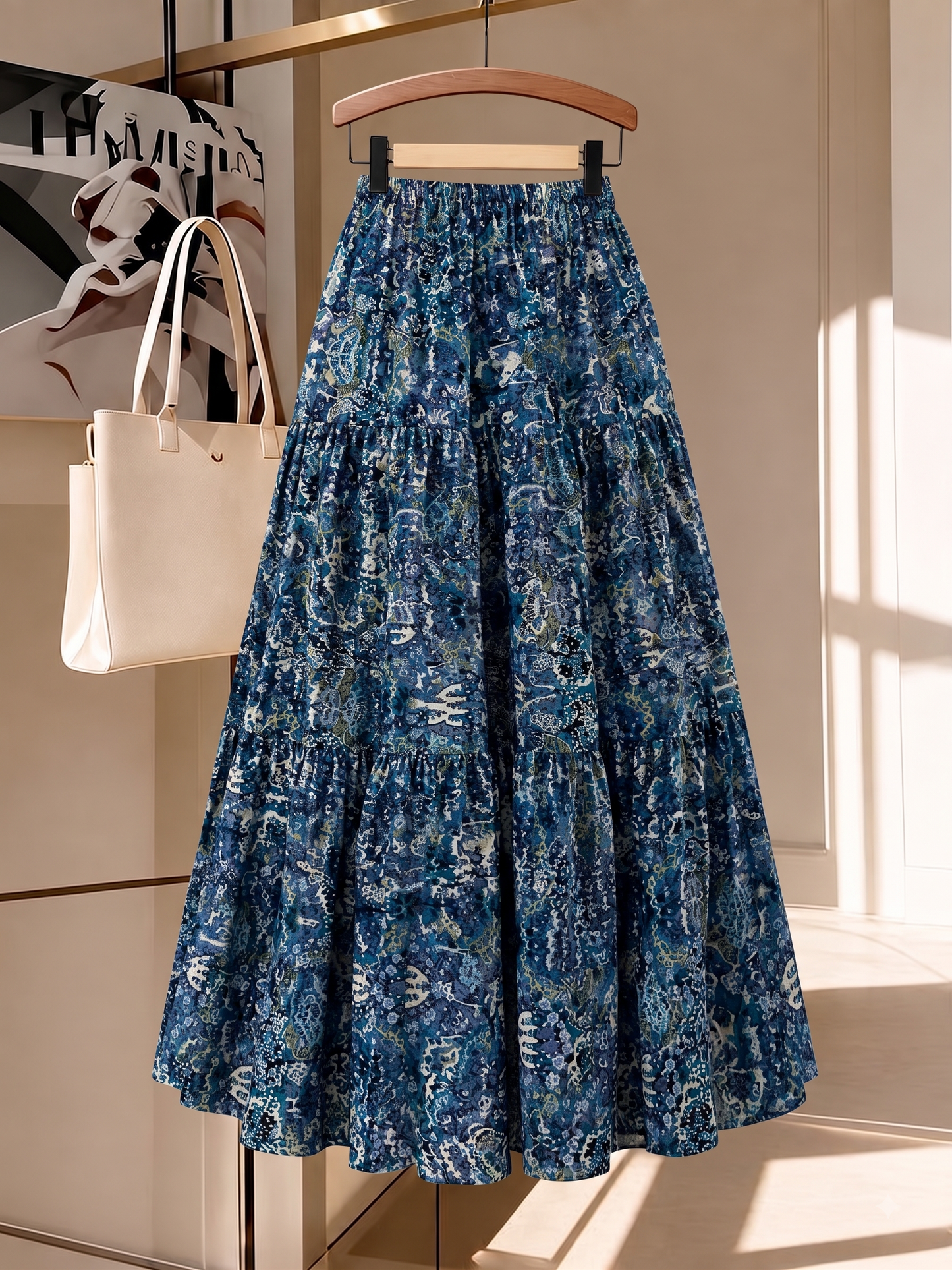 Belancci Women Printed Maxi Skirt - Blue Patterned Tiered Long Flowy Skirt With Elastic Waist - Casual Summer Skirt For Women
