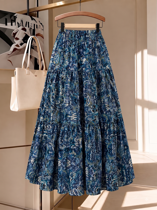 Belancci Women Printed Maxi Skirt - Blue Patterned Tiered Long Flowy Skirt With Elastic Waist - Casual Summer Skirt For Women