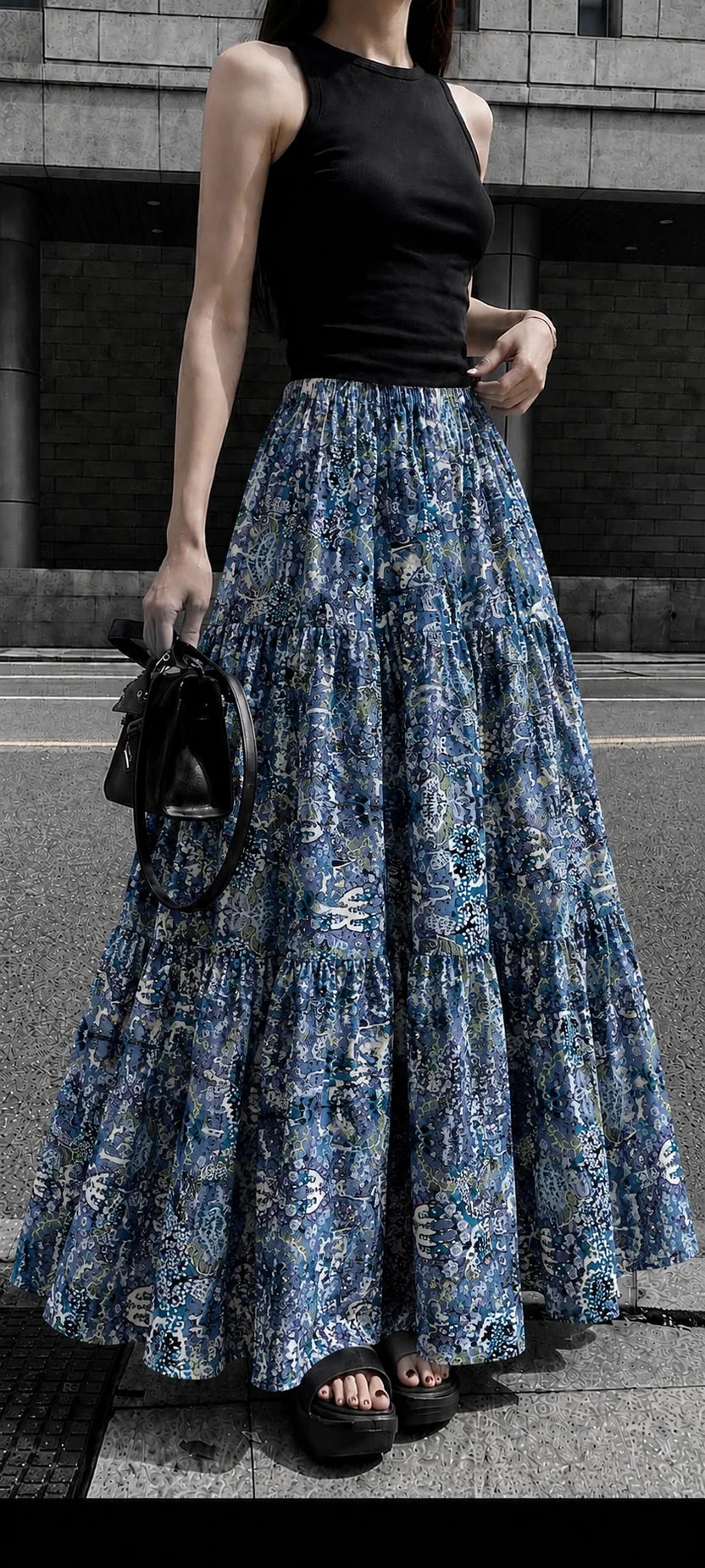 Belancci Women Printed Maxi Skirt - Blue Patterned Tiered Long Flowy Skirt With Elastic Waist - Casual Summer Skirt For Women