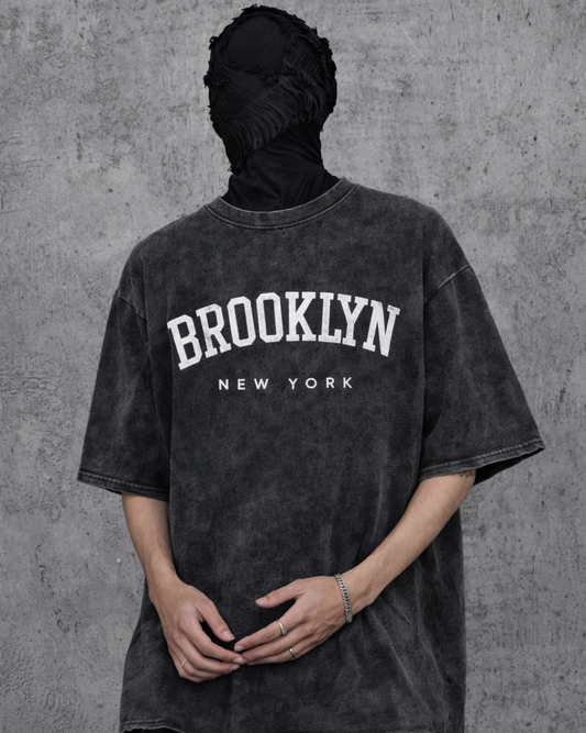 Men’s Oversized Acid Wash T Shirt – Vintage Washed Brooklyn Graphic Print Loose Fit Streetwear Tee Drop Shoulder Casual Summer Shirt for Boys
