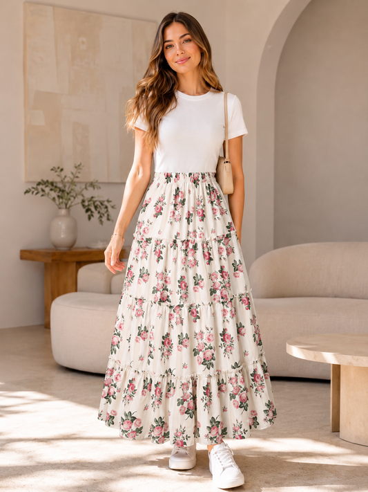 Women's Pink Floral Rose Printed Long Skirt - Belancci
