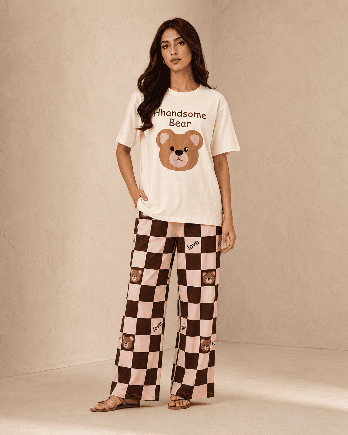 Belancci Women Pajama Set 2 Piece | Bear Print T-Shirt And Checkered Wide Leg Pants | Casual Sleepwear Lounge Set | Cute Printed Night Suit