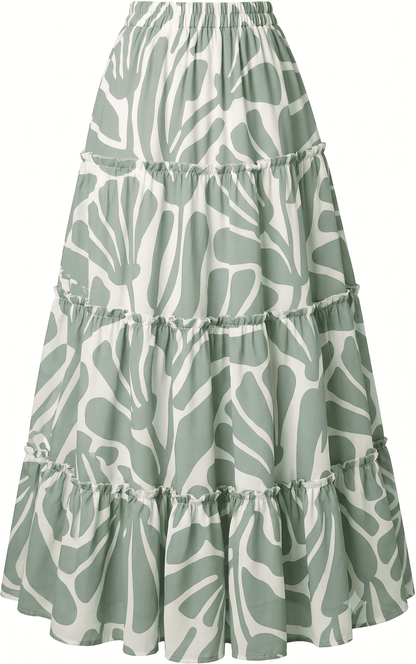 Women's Sage Green Abstract Printed Flowy Tiered Skirt - Belancci