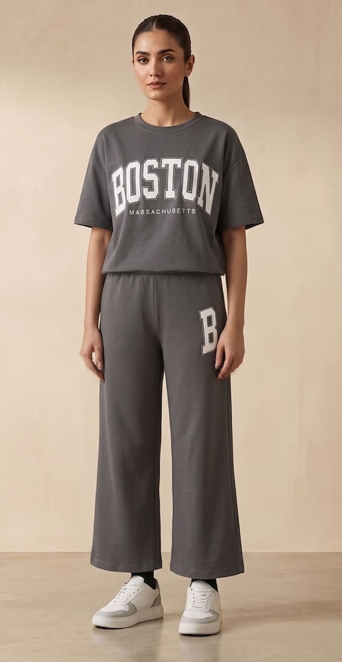 Belancci - Women’s Boston Graphic Oversized T-Shirt & Wide-Leg Pants Set
