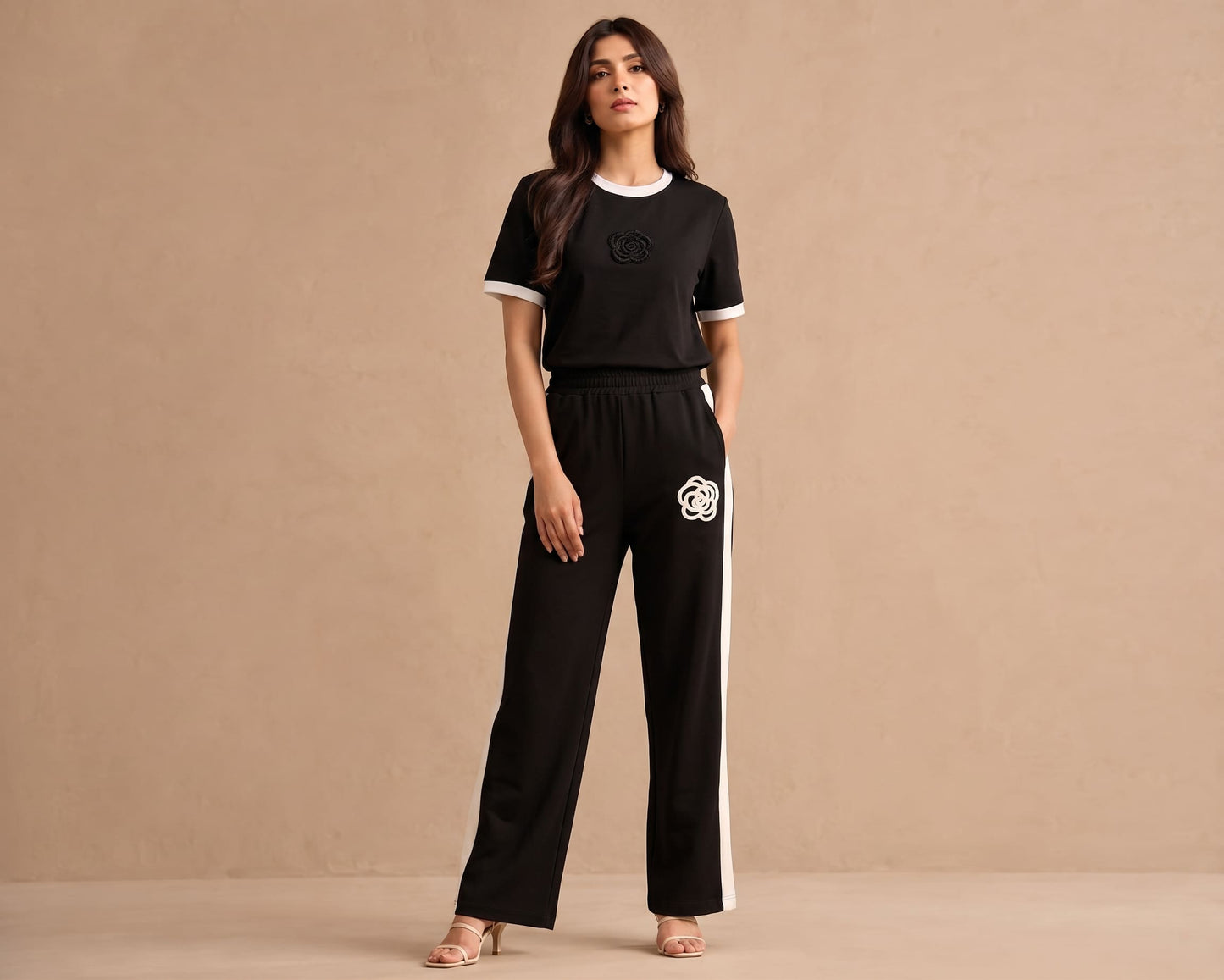 Belancci Women Black Pajama Set | 2-Piece T-Shirt And Trouser Set | White Contrast Trim | Embroidered Detail | Casual Streetwear Outfit