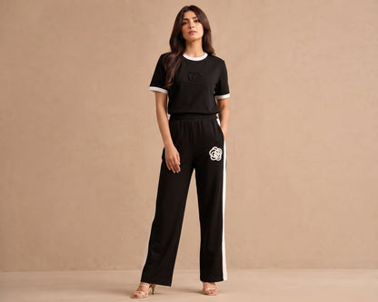Belancci Women Black Pajama Set | 2-Piece T-Shirt And Trouser Set | White Contrast Trim | Embroidered Detail | Casual Streetwear Outfit
