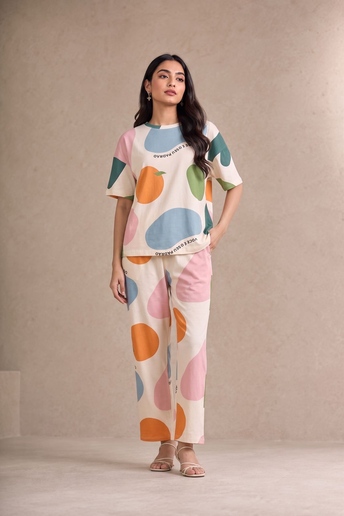 Belancci Women Printed 2 Piece Set - Multicolor Oversized T Shirt With Wide Leg Pants - Casual Summer Pajama Suit Outfit For Women