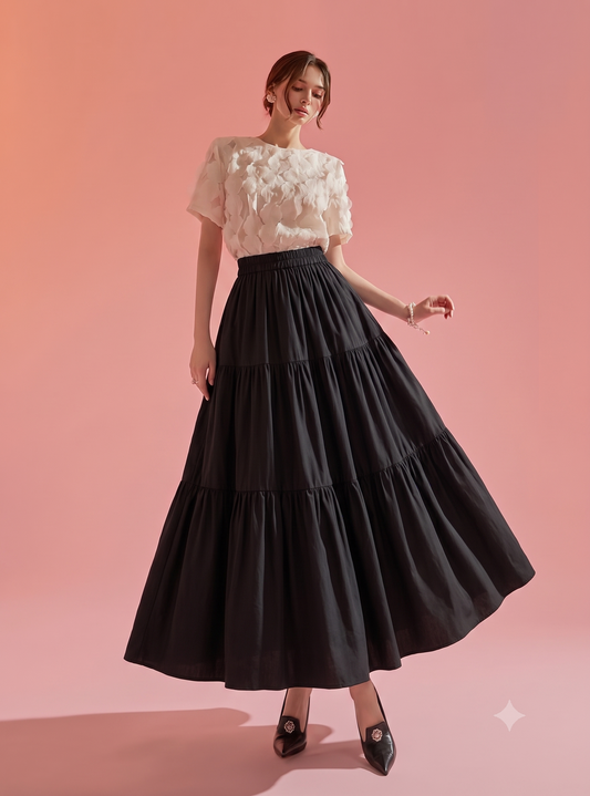Girls White Maxi Skirt – High Waist Elastic Long Skirt – Casual Tiered Flowy Skirt for Girls – Modest Wear Summer & Daily Wear Pakistan