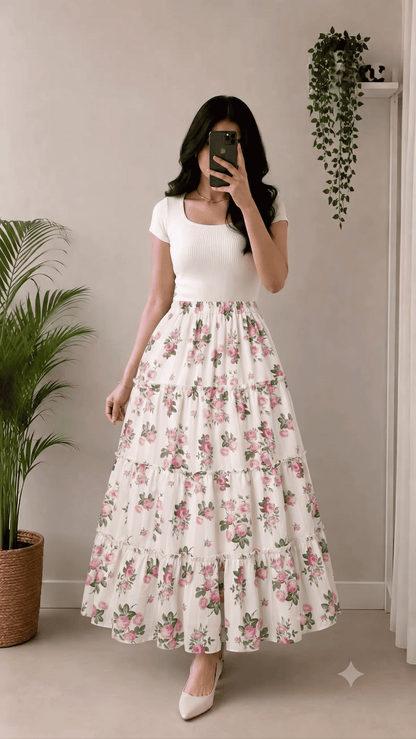 Women's Pink Floral Rose Printed Long Skirt - Belancci