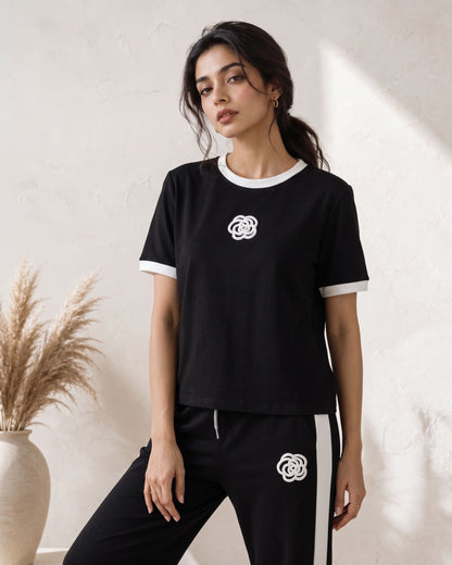 Belancci Women Black Pajama Set | 2-Piece T-Shirt And Trouser Set | White Contrast Trim | Embroidered Detail | Casual Streetwear Outfit