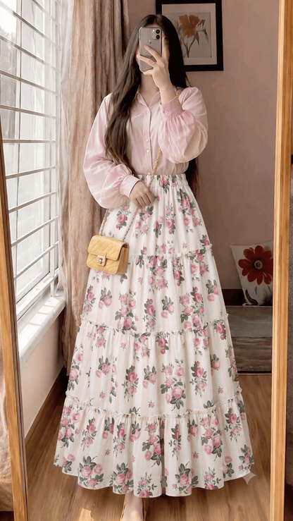 Women's Pink Floral Rose Printed Long Skirt - Belancci