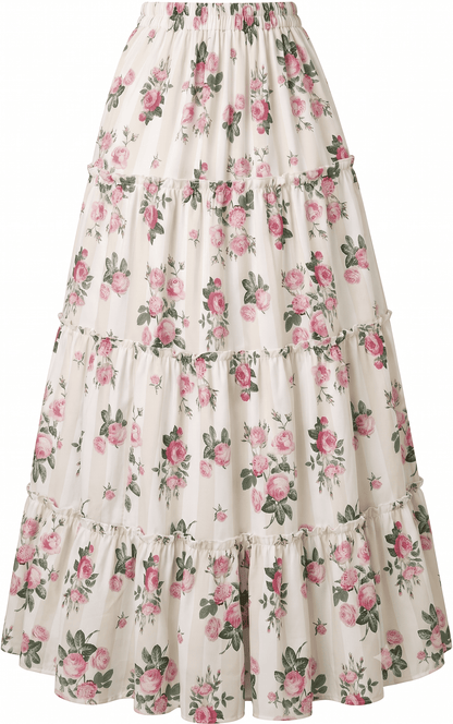 Women's Pink Floral Rose Printed Long Skirt - Belancci