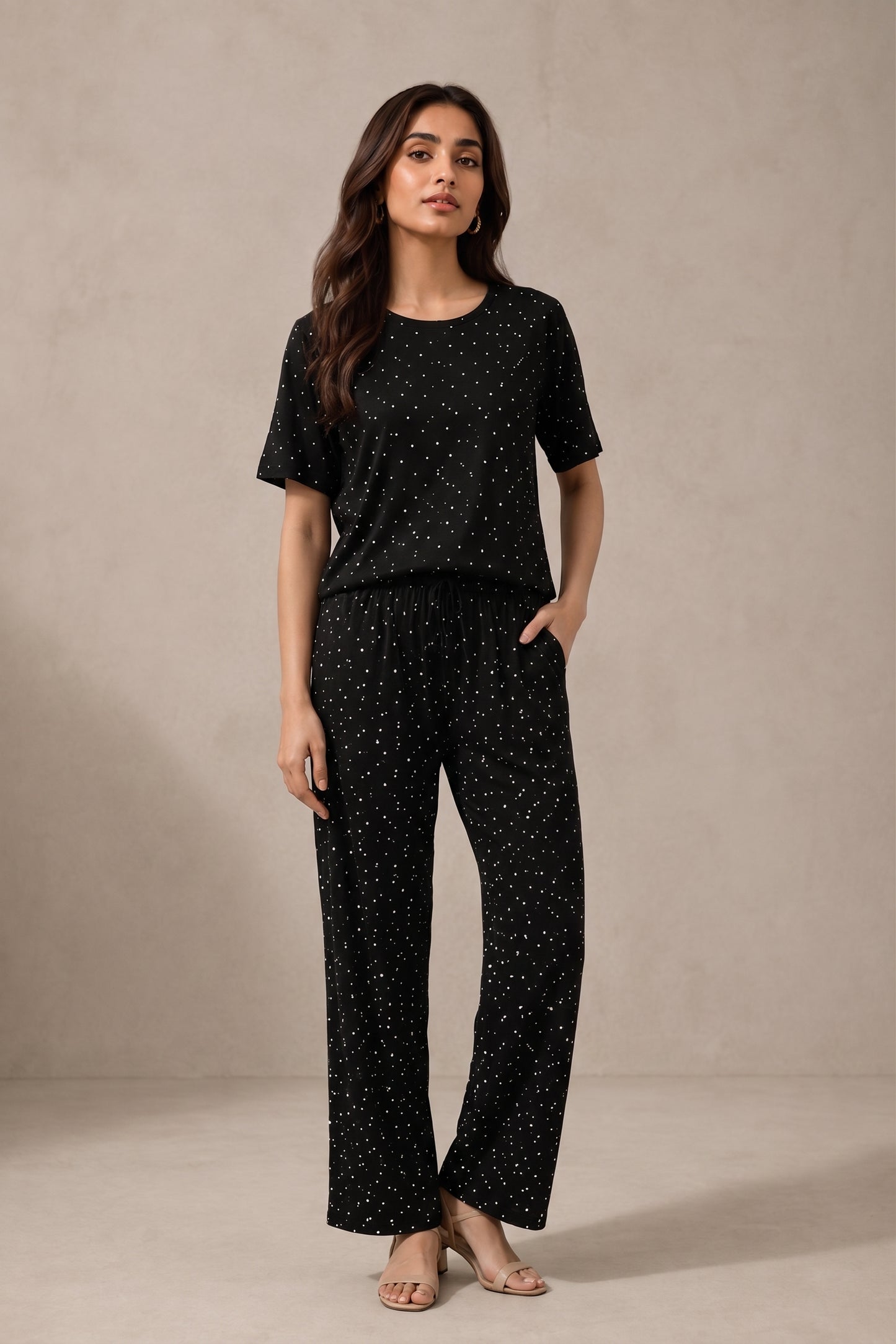 Belancci Women Pajama Set 2 Piece | Black Polka Dot T-Shirt And Wide Leg Pants | Casual Sleepwear Night Suit | Lounge Wear Homewear Set