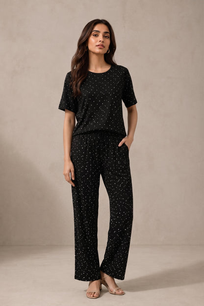 Belancci Women Pajama Set 2 Piece | Black Polka Dot T-Shirt And Wide Leg Pants | Casual Sleepwear Night Suit | Lounge Wear Homewear Set