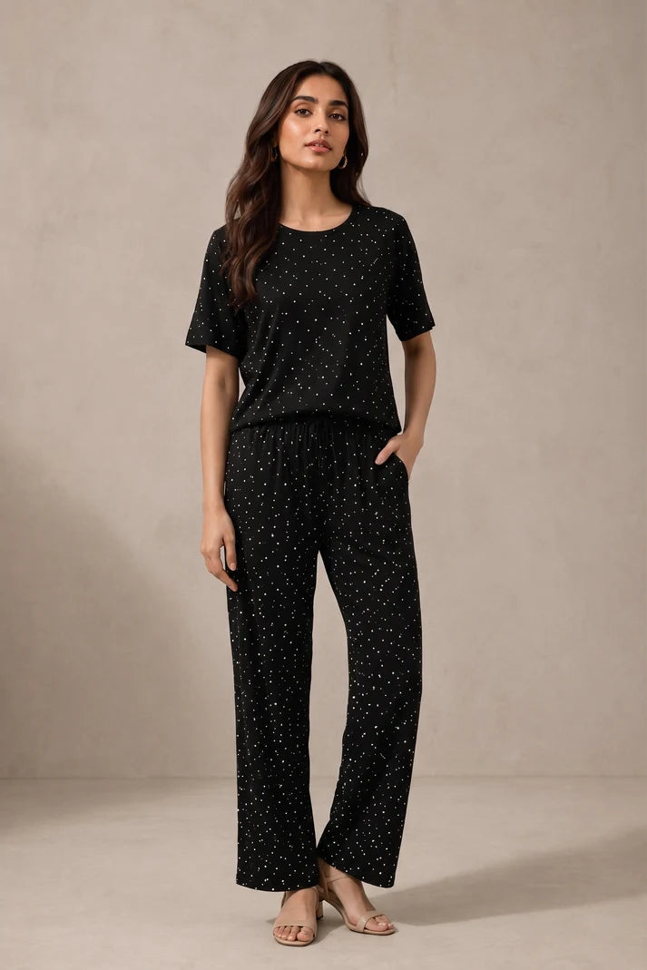 Belancci Women Pajama Set 2 Piece | Black Polka Dot T-Shirt And Wide Leg Pants | Casual Sleepwear Night Suit | Lounge Wear Homewear Set