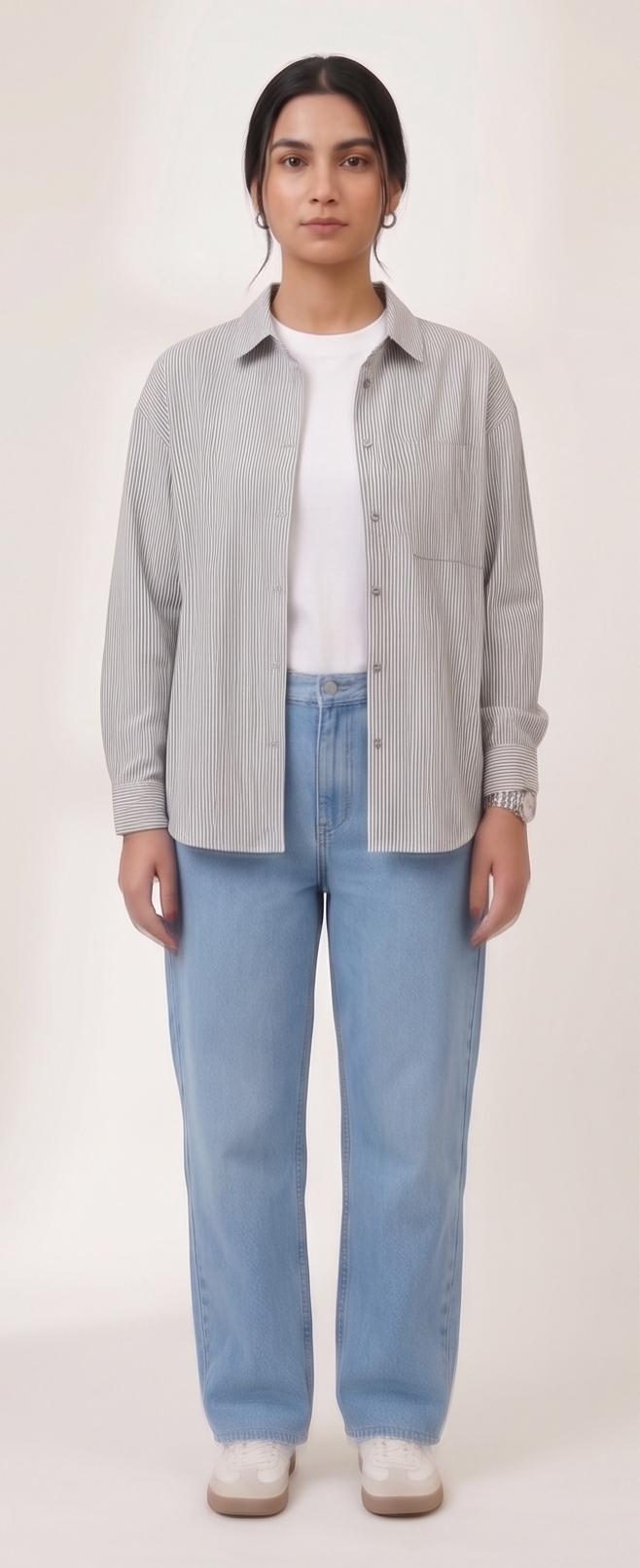 Premium Women’s Black Oversized Striped Button-Down Shirt - Relaxed Fit Cotton Blouse for Women - Aesthetic Korean Style Long Sleeve Top - Trendy Casual Streetwear Shirt