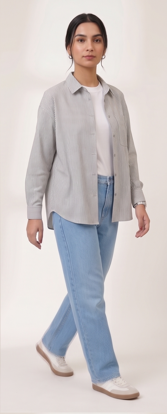Premium Women’s Black Oversized Striped Button-Down Shirt - Relaxed Fit Cotton Blouse for Women - Aesthetic Korean Style Long Sleeve Top - Trendy Casual Streetwear Shirt