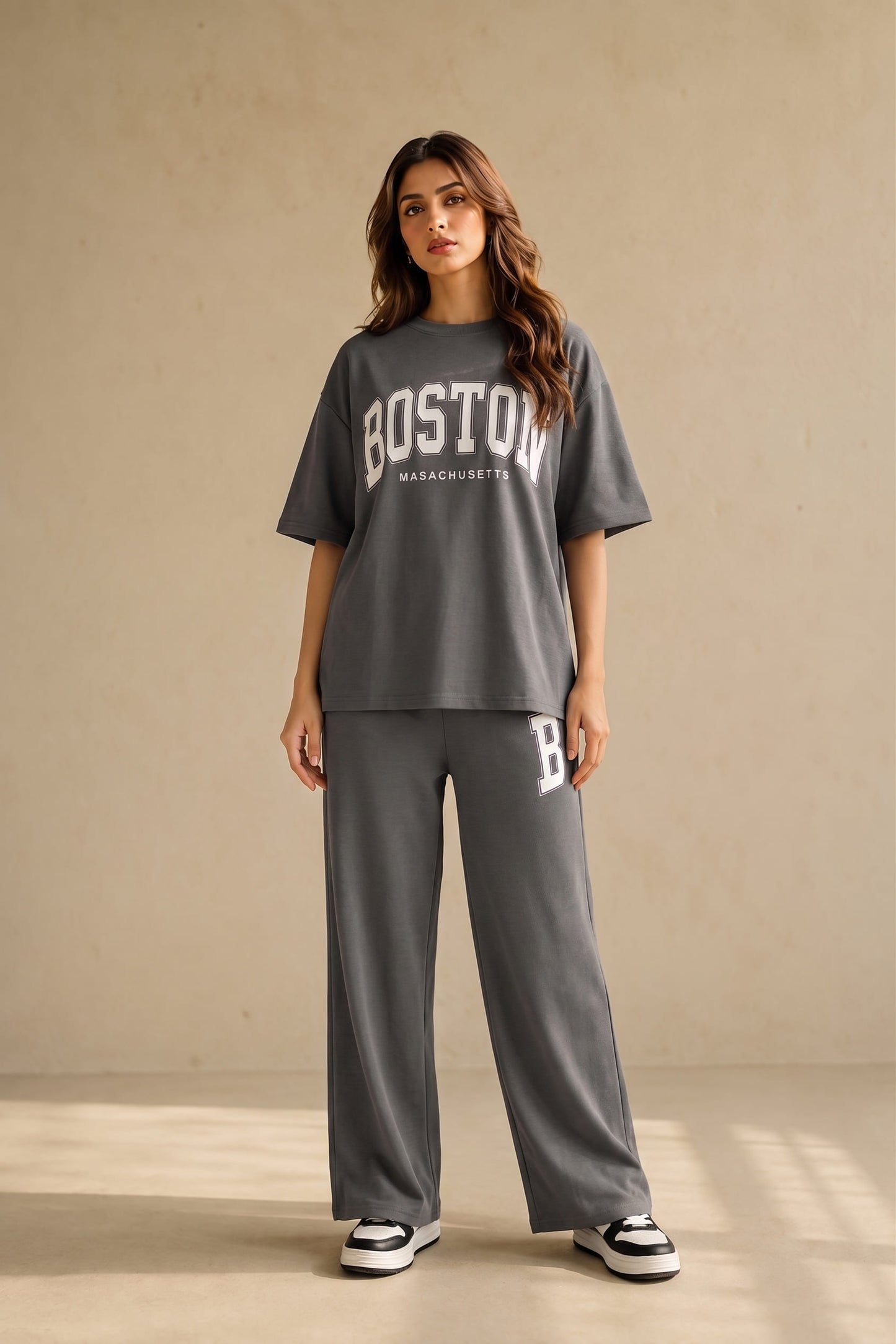 Belancci - Women’s Boston Graphic Oversized T-Shirt & Wide-Leg Pants Set