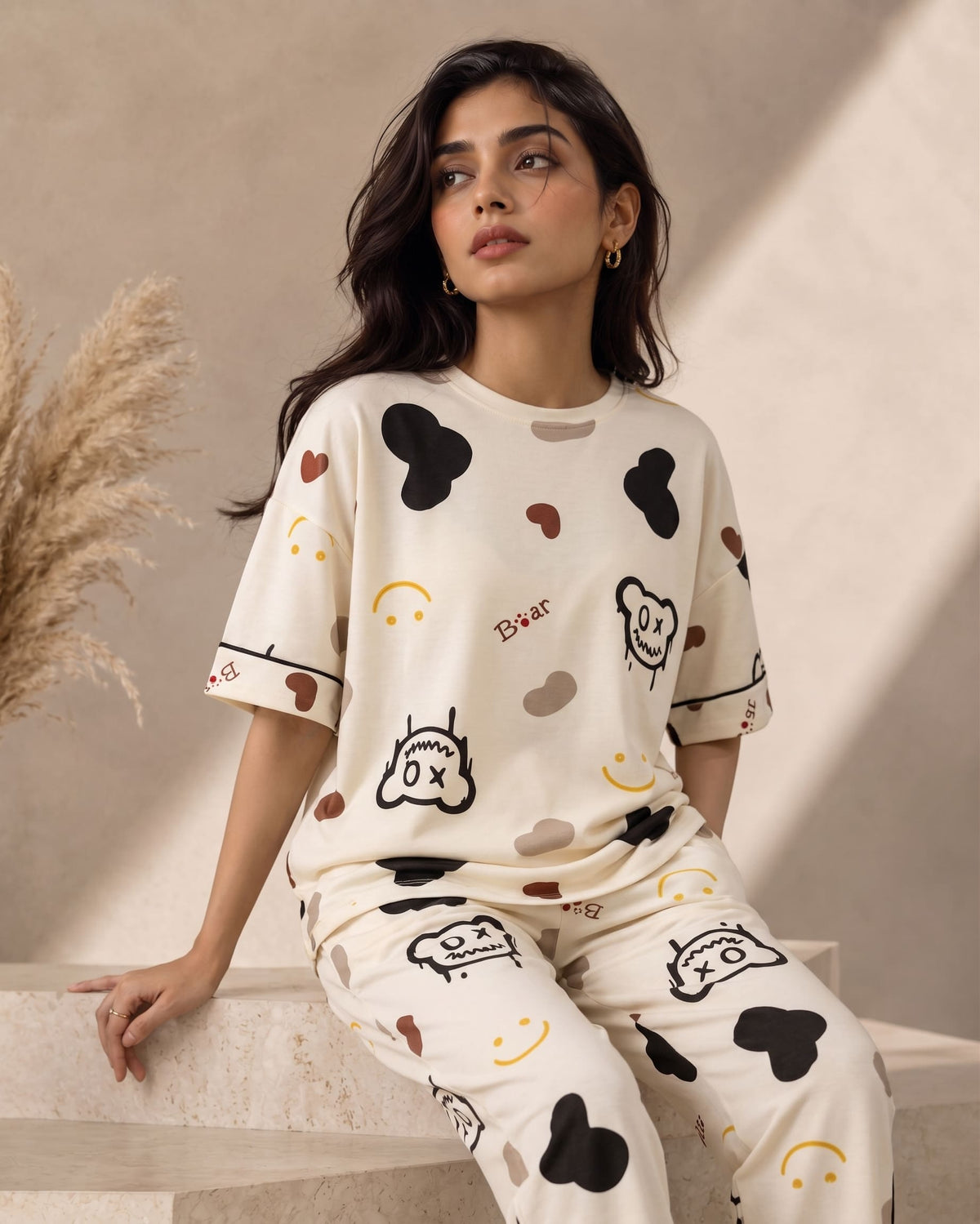 Belancci Women 2 Piece Pajama Set - Printed Oversized T Shirt And Wide Leg Pants - Cream Cartoon Print Casual Lounge Wear Co Ord Set