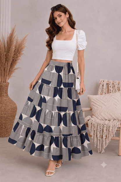Women's Black and White Geometric Abstract Printed Long Skirt - Belancci