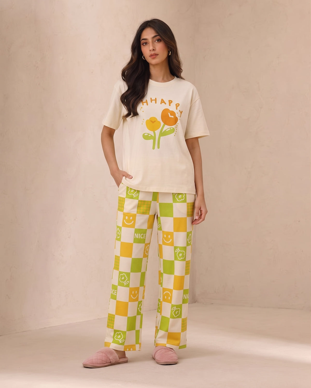 Belancci Women Pajama Set 2 Piece | Happy Flower Print T-Shirt And Green Yellow Checkered Wide Leg Pants | Casual Sleepwear | Lounge Wear