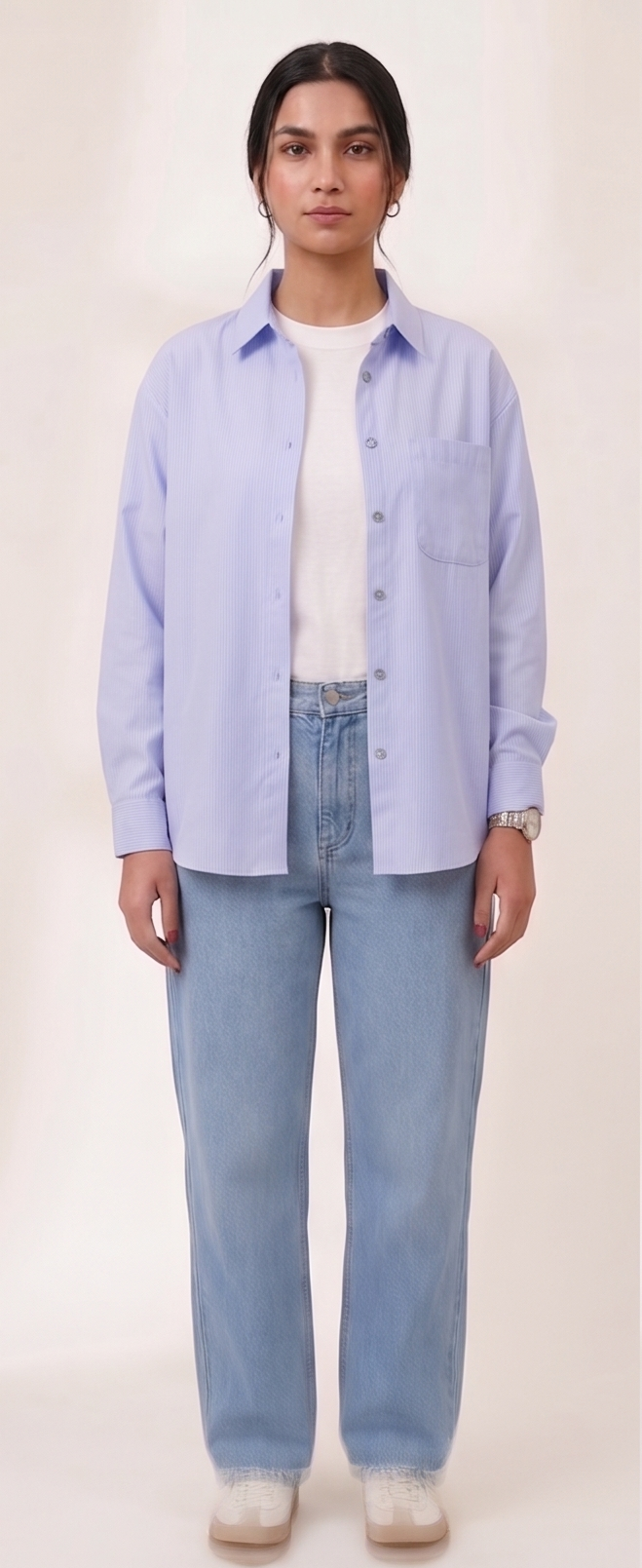 Premium Women’s Blue Oversized Striped Button-Down Shirt - Relaxed Fit Cotton Blouse for Women - Aesthetic Korean Style Long Sleeve Top - Trendy Casual Streetwear Shirt