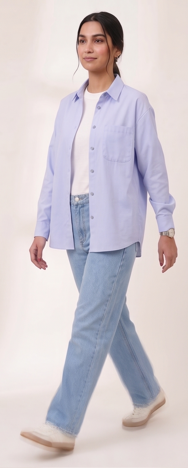 Premium Women’s Blue Oversized Striped Button-Down Shirt - Relaxed Fit Cotton Blouse for Women - Aesthetic Korean Style Long Sleeve Top - Trendy Casual Streetwear Shirt