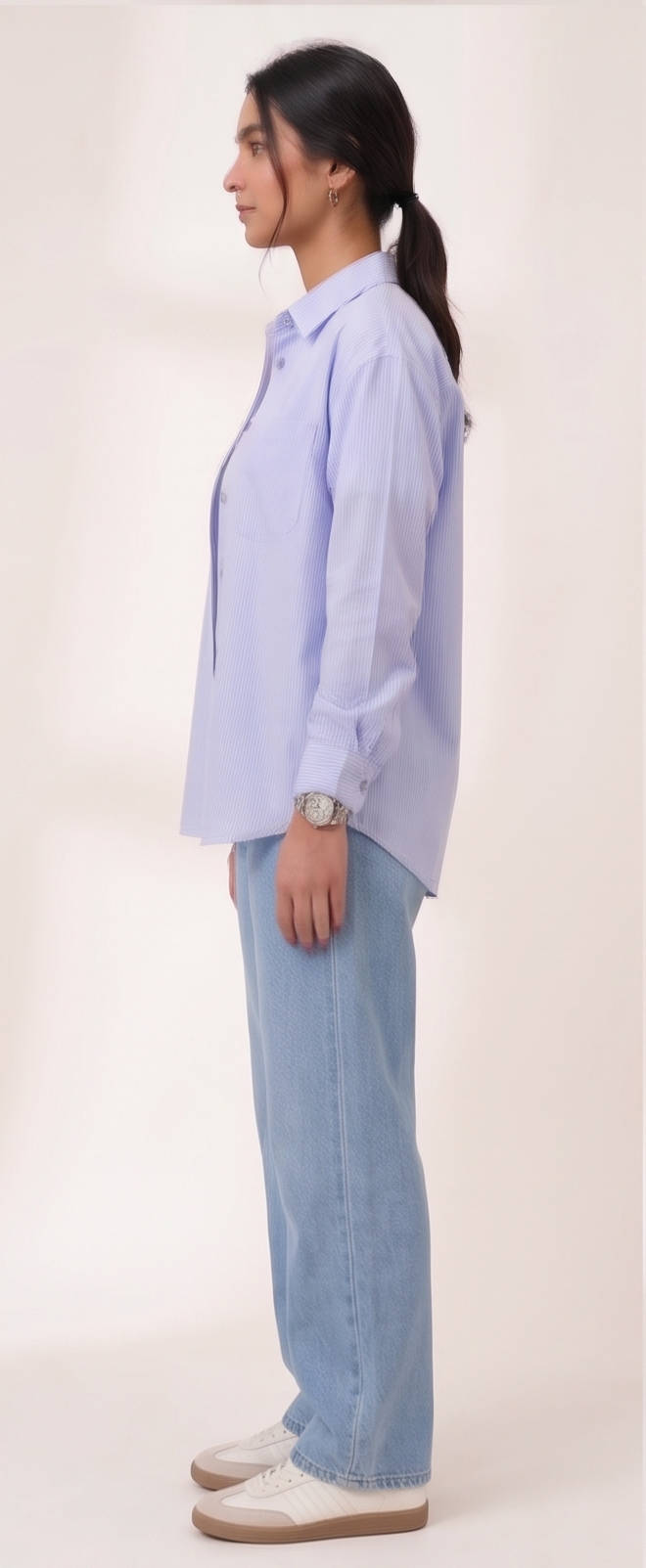 Premium Women’s Blue Oversized Striped Button-Down Shirt - Relaxed Fit Cotton Blouse for Women - Aesthetic Korean Style Long Sleeve Top - Trendy Casual Streetwear Shirt