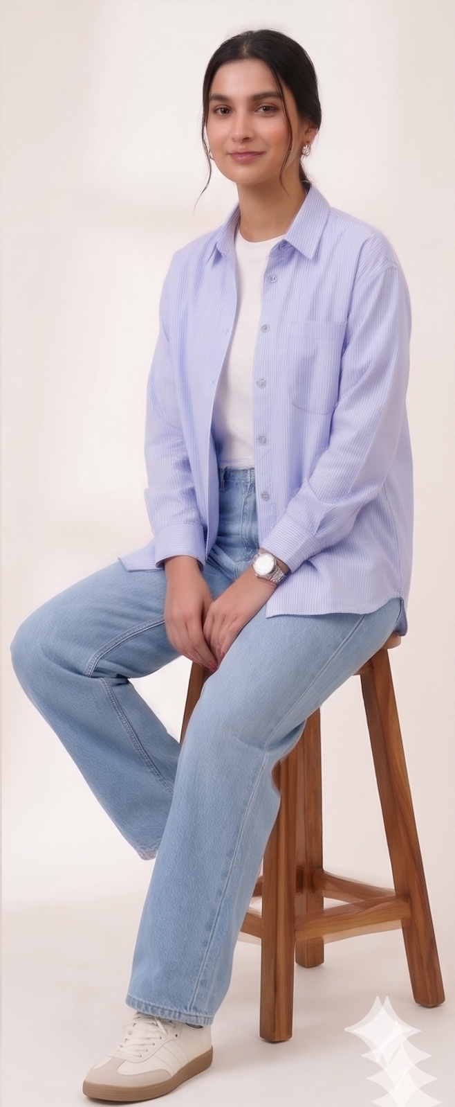 Premium Women’s Blue Oversized Striped Button-Down Shirt - Relaxed Fit Cotton Blouse for Women - Aesthetic Korean Style Long Sleeve Top - Trendy Casual Streetwear Shirt
