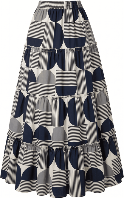 Women's Black and White Geometric Abstract Printed Long Skirt - Belancci