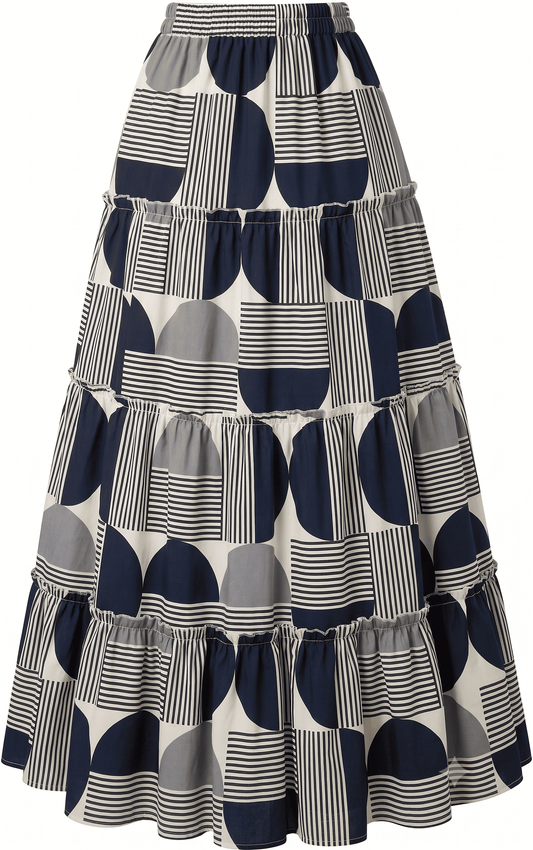 Women's Black and White Geometric Abstract Printed Long Skirt - Belancci