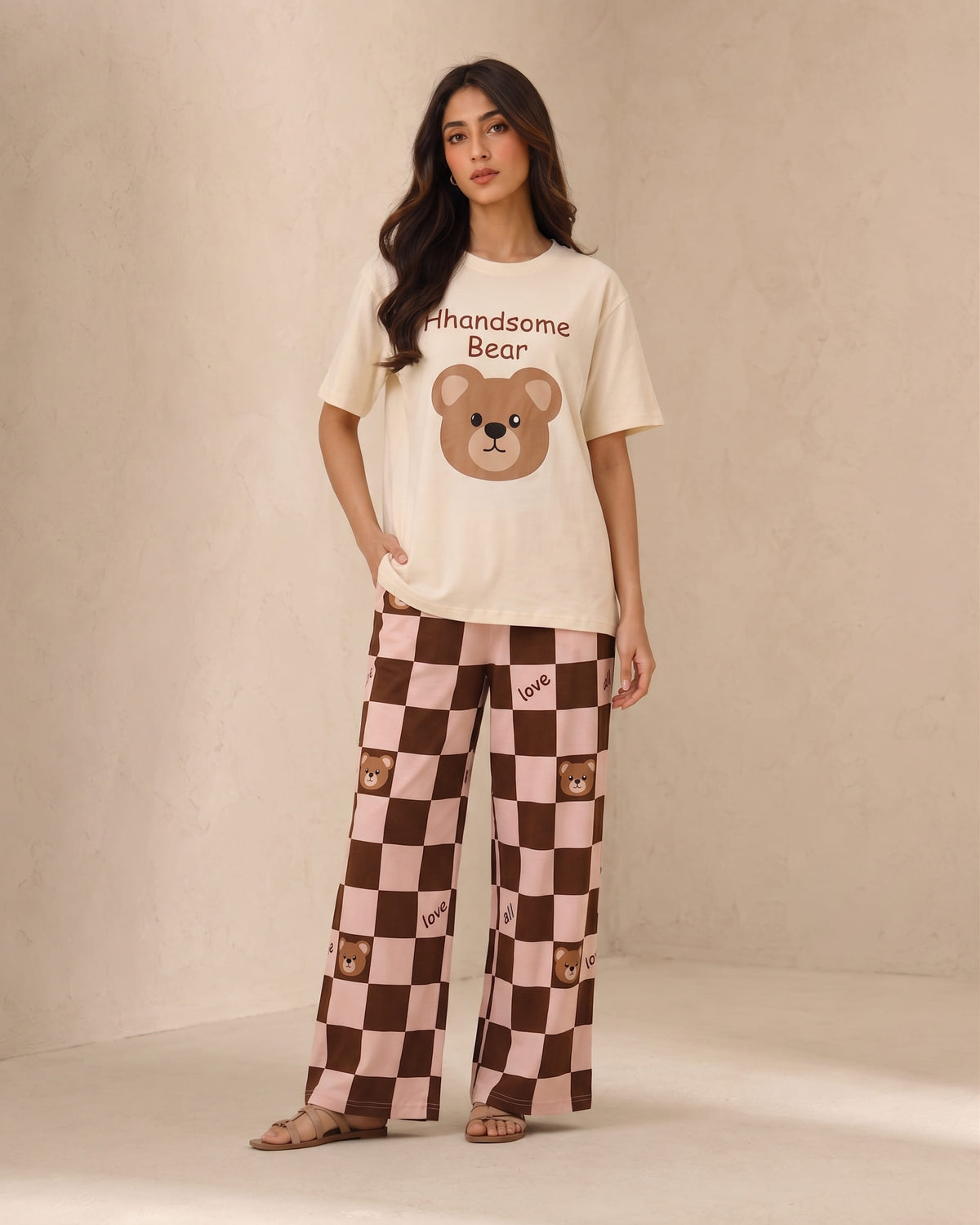 Belancci Women Pajama Set 2 Piece | Bear Print T-Shirt And Checkered Wide Leg Pants | Casual Sleepwear Lounge Set | Cute Printed Night Suit