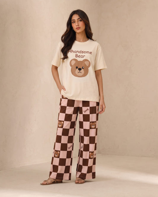 Belancci Women Pajama Set 2 Piece | Bear Print T-Shirt And Checkered Wide Leg Pants | Casual Sleepwear Lounge Set | Cute Printed Night Suit
