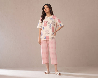 Belancci Women Pajama Set 2 Piece | Cute Bunny Print T-Shirt And Pink Checkered Capri Pants | Casual Sleepwear | Lounge Wear Night Suit