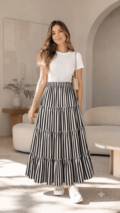 Women's Monochrome Vertical Striped Long Skirt - Belancci