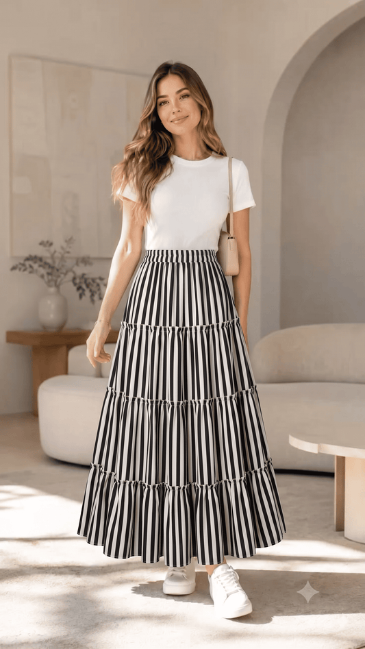 Women's Monochrome Vertical Striped Long Skirt - Belancci