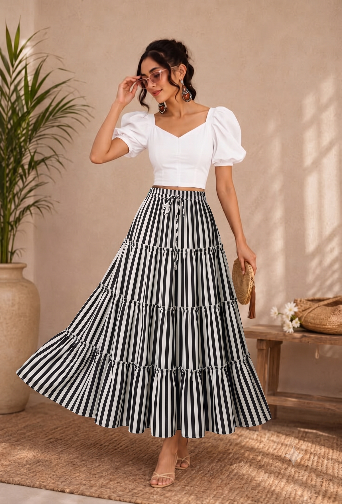 Women's Monochrome Vertical Striped Long Skirt - Belancci