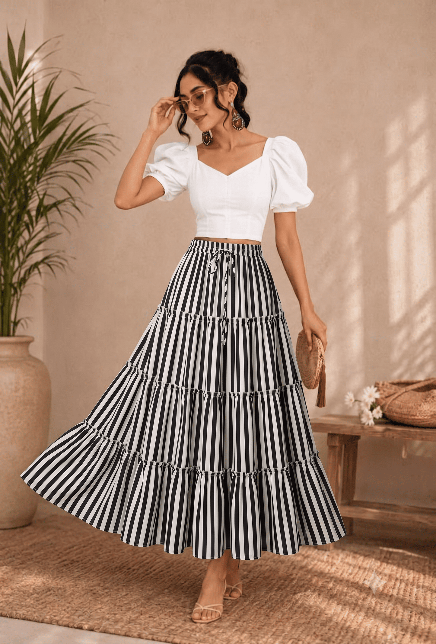 Women's Monochrome Vertical Striped Long Skirt - Belancci